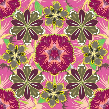 Vektör çizimi. Mor, kahverengi ve pembe renklerde kusursuz çiçek deseni.