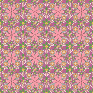 Pembe, turuncu ve yeşil renkli narin küçük çiçekler. Vektör grafik baskı. Küçük çiçek desenli..