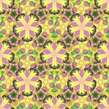 Sarı, kahverengi ve pembe renklerde çiçek deseni. Çizgili arkaplanda suluboya desensiz.