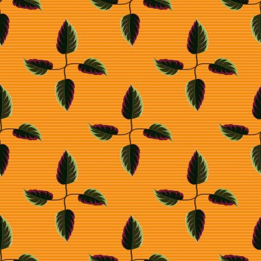 Turuncu, sarı ve kahverengi renklerde yaprakları ve tropik çiçekleri olan kusursuz bir arkaplan deseni. Vektör illüstrasyonu.