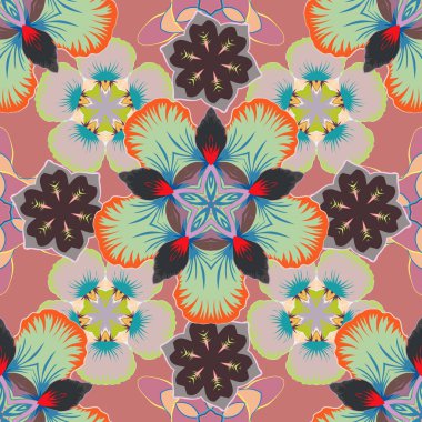 El çizimi çiçek unsurları olan soyut, pürüzsüz vektör deseni. Sonbahar renkleri. Kahverengi, gri ve pembe renkli çiçek açan ipek eşarp. 1950-1960 motifleri. Retro tekstil tasarım koleksiyonu.