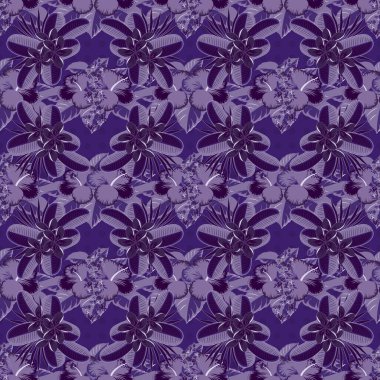 Kusursuz Raster çizimi. Tropikal bitkiler ve menekşe, kahverengi ve mor amber çiçekleri ile yaz Hawaii 'nin pürüzsüz deseni.