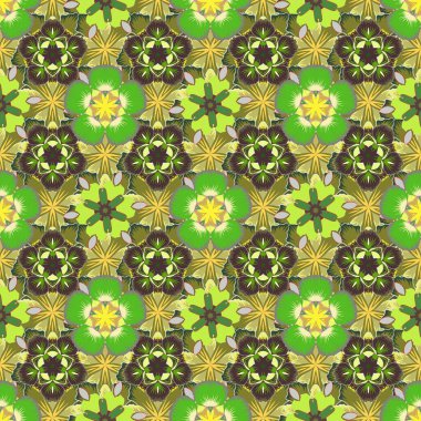 Geleneksel doğulu desensiz şal deseni. Yeşil, sarı ve kahverengi renkli duvar kağıtları. Şal desenli, vektör çizgili, pürüzsüz desen. Kumaş, tekstil, ambalaj kağıdı için dekoratif süs