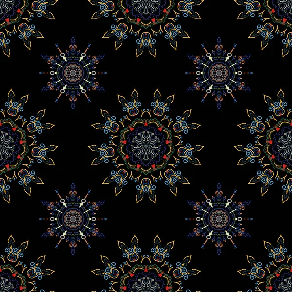 Vector seamless pattern for holiday Thanksgiving day, a simple hand-drawn winter design on black background in brown, blue and yellow colors.