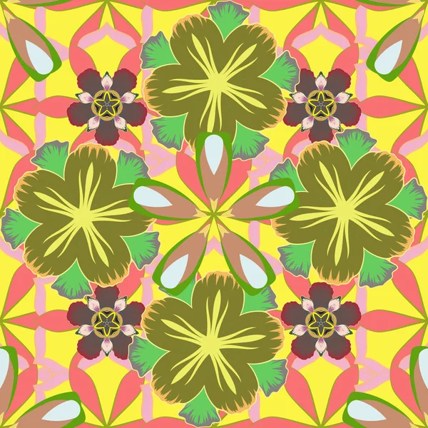 Dibujo Vectorial Muchas Flores Abstractas Colores Rosa Amarillo Verde Patrón — Archivo Imágenes Vectoriales