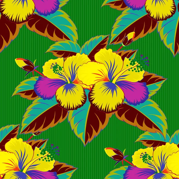 Motif Vectoriel Sans Couture Avec Hibiscus Jaune Vert Violet Motif — Image vectorielle