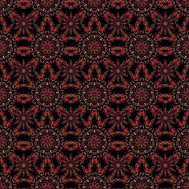 Ortaçağ çiçek desenli. Dekoratif simetri arabesk. Siyah arka planda kırmızı, pürüzsüz bir desen. Doğum günü kartı, davetiye ya da afiş için iyidir. Vektör illüstrasyonu.