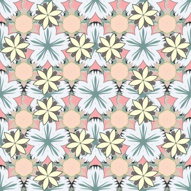 Vektör çizimi. Yeşil, bej ve gri renkli şirin çiçeklerle kusursuz desen.