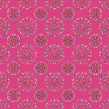 Pembe arka planda çok renkli elementlerin kusursuz deseni. Kutlama kartlarını süslemek için alet çantası. Pembe arka planda çok renkli parıltılı süsler ve parlayan ışıklar..