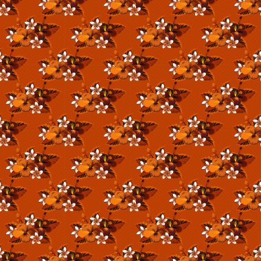 Kahverengi, kırmızı ve turuncu çiçek desenli tropikal çiçek deseni. Çiçeksiz desen.
