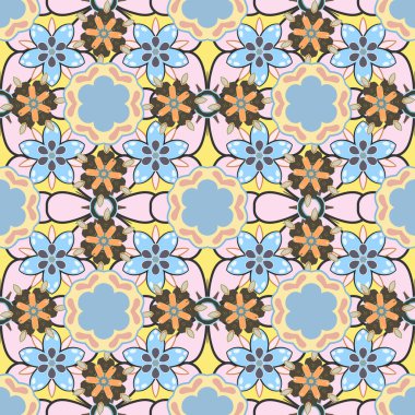 Kumaş, tekstil ve ambalaj kağıtları için dekoratif süs. Geleneksel doğulu desensiz şal deseni. Çiçek duvar kağıdı bej, sarı ve mavi renklerde. Şal desenli vektör çizgili, pürüzsüz desen.