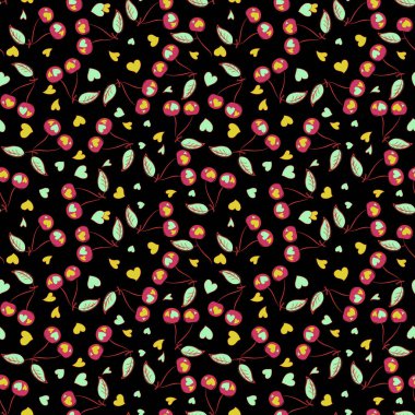 Denim pürüzsüz desen. Mavi kot kumaş. Vector stilize kiraz. Kırmızı, yeşil ve sarı kirazlı kot pantolon. Denim çiçekli arka plan.