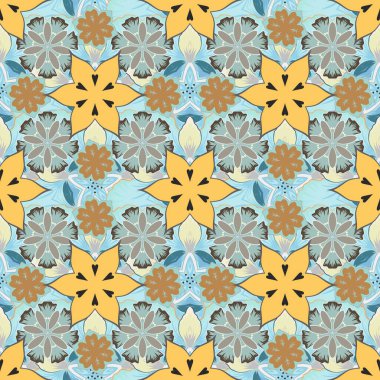 Raster çiçekleri bej, sarı ve gri renklerle kusursuz desenli. Bir sürü şirin çiçek var..