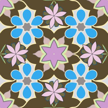 Ditsy style raster illüstrasyonu. Mavi, kahverengi ve gri renkli küçük sevimli çiçekler. Bir çok çiçeğin görüntüsüyle kusursuz desen.