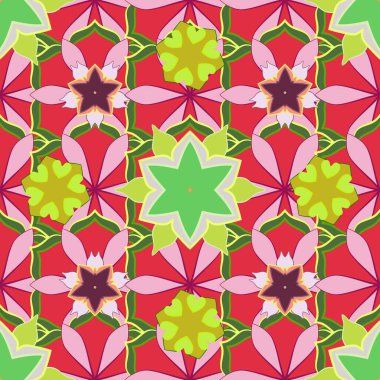 Pembe, sarı ve yeşil tekrarlayan elementlerle kusursuz soyut doku. Zarif vektör klasik kusursuz desen. Güzel iz..