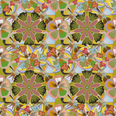 Çiçek açan çiçeklerin ve yaprakların yeşil, sarı ve kahverengi renklerde olduğu dikişsiz bir desen. Çiçekli, şık duvar kağıtları. Soyut vektör arkaplanı.