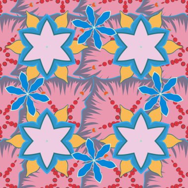 Çiçek duvar kağıdı. Şık bir şekilde stilize edilmiş çiçekler. Sarı, mavi ve pembe renklerde küçük, pürüzsüz desenler.