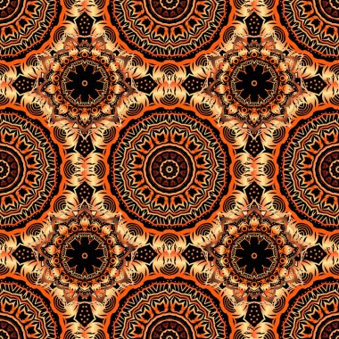 Damask, turuncu, sarı ve bej renklerde çiçeksiz çiçek deseni. Vektör illüstrasyonu.