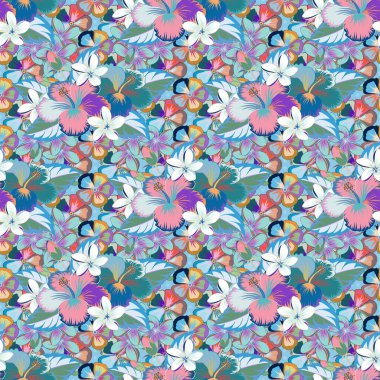 Kesişen kıvrımlı zarif stilize amber çiçekleri, yapraklar ve parşömenler soyut çiçek desenli süslemeler oluşturuyor. Klasik soyut vektör. Çiçeksiz desen pembe, mor ve mavi renklerde..