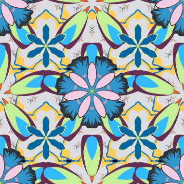 Çiçeksiz desenli, parlak yaz çiçekleri yeşil, mor ve mavi renklerde. Romantik tasarım, dekorasyon, tebrik kartları, posterler, ambalajlar, tekstil baskısı veya kumaş için sonsuz vektör dokusu.