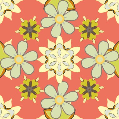 Sarı, turuncu ve bej renklerde desensiz raster çiçeği deseni.