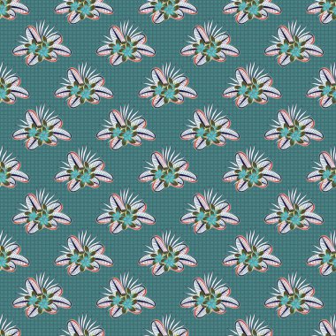 Grafiksel modern model. Güzel vektör arkaplanı. Mavi, yeşil ve gri renklerde kusursuz soyut çiçek deseni. Geometrik yaprak süsü. Plumeria çiçekleriyle kusursuz desen.