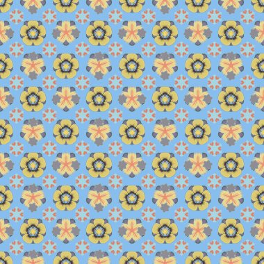 Vektör çizimi. Pembe, mavi ve gri renklerde kusursuz çiçek deseni.