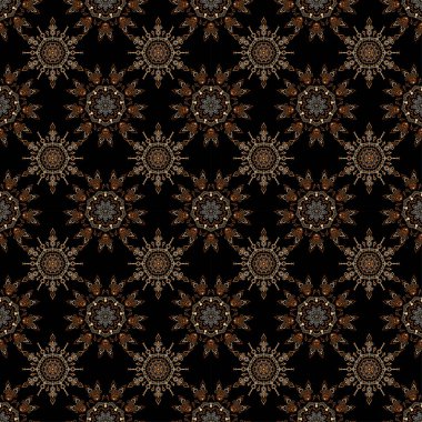 Kusursuz bir geçmişi var. Renkli desenler antika. Siyah arka planda bej renkli çiçek süsü.