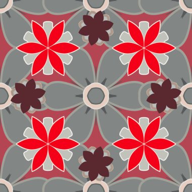 Çiçekleri ve yaprakları gri, pembe ve kırmızı renklerde olan kusursuz çiçek deseni.