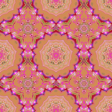 Çiçekli ve Mandala elementli zarif, pürüzsüz bir desen. Güzel kırmızı ve turuncu el yapımı, pürüzsüz vektör çizimi.