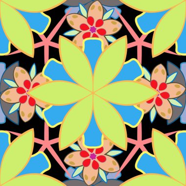 Mavi, siyah ve yeşil renkli, soyut, şirin çiçek deseni. Parlak, güzel, kusursuz bir arka plan. Vektör illüstrasyonu.