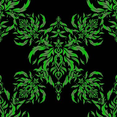 Vektör parlak metal yüzey pürüzsüz desen. Siyah arkaplanda soyut yeşil ögeler.