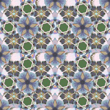 Vektör çizimi. Üzerinde mavi, gri ve kahverengi renkli şirin çiçekler olan bahar kağıdı. Çiçeksiz desen.