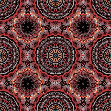 Vektör çizimi. Turuncu, kırmızı ve gri renklerde kusursuz soyut kabile deseni. El yapımı etnik doku, hayal gücünün uçuşu..