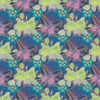 Mor, yeşil ve mavi renklerde desenli çiçek deseni. Vektör illüstrasyonu.