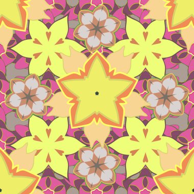 Çiçeklerin bej, pembe ve sarı renklerdeki kusursuz deseni. Vektör illüstrasyonu iç tasarım, baskı, ağ ve tekstil tasarımı için iyidir. Optik yanılsama.