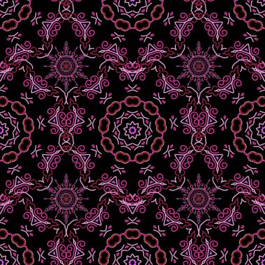 Raster illüstrasyonu. Ikat damaske desensiz arkaplan fayansı. Siyah bir arkaplanda mor, pembe ve kırmızı renkler.
