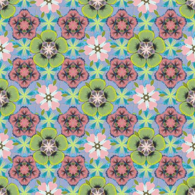 Yeşil, mavi ve pembe renklerde etnik, pürüzsüz desen.