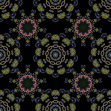 Damask, yeşil renklerde, pürüzsüz desen. Kumaş, duvar kağıdı, arkaplan, davetiye, ambalaj ve kitap kapakları için tasarım. Vektör vintage çiçek süsü. Doğulu tarzı. El çizimi illüstrasyon.