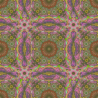 Klasik dikişsiz çiçek deseni. Kumaş, tekstil, iç dekorasyon. Yeşil arkaplanda el yapımı vektör çok renkli elementler.