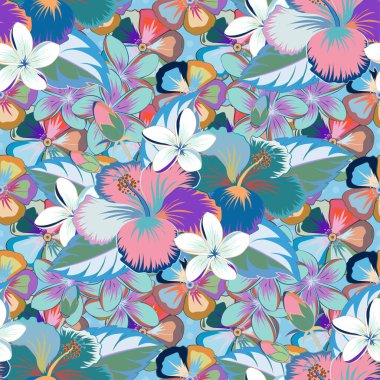 Dekoratif çiçekleri tekrar eden desenler. Mor, mavi ve pembe renklerde çiçek motifleri olan soyut zerafet kusursuz desen.