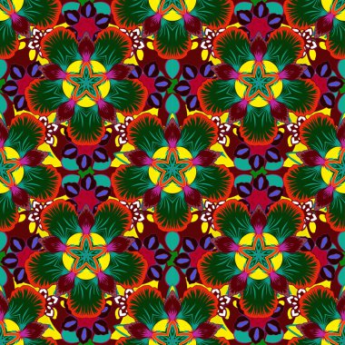 Tarz sahibi yıldızlar, kar taneleri ve ızgaralar. Etnik Hint folkloru. Mavi, kırmızı ve yeşil süslemeli, geometrik Fas dikişsiz desenli vektör soyut yama arkaplanı.