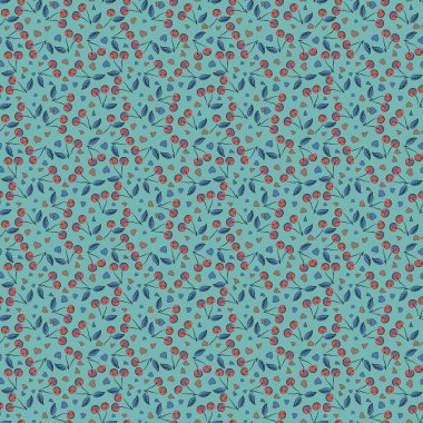 Kiraz desenli vektör illüstrasyonu. Kiraz sanatı kalsın. Şekil verilmiş pembe, gri ve mavi kirazlı soyut, pürüzsüz desen..