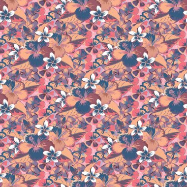 Hibiscus çiçekleri bej, pembe ve mavi renklerde.