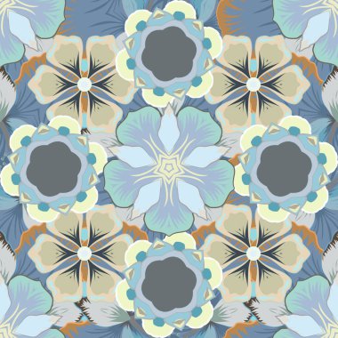 Vektör çizimi. Kahverengi, bej ve mavi parlak süs, lamasız desen, soyut şekiller.