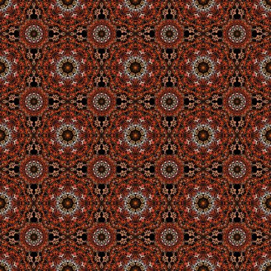 Kusursuz bir arka plan. Renkli desenler antika. Siyah bir arkaplanda bej, kırmızı ve kahverengi renkte çiçek süsü.