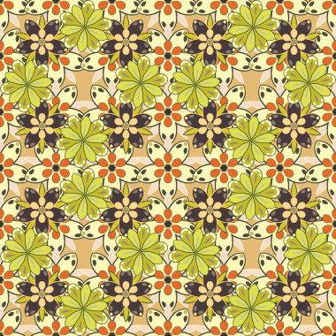 Sarı, gri ve bej renklerde kusursuz bir arkaplan. El yapımı Raster çizimi. Küçük çiçekli, pürüzsüz bir desen..