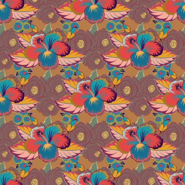 Vektör çizimi. Pembe, turuncu ve mavi amber çiçekleri pürüzsüz desen.