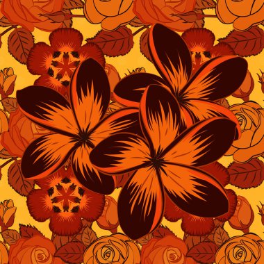 Güzel vektör arkaplanı. Kırmızı, kahverengi ve turuncu renklerde kusursuz soyut çiçek deseni. Grafiksel modern model. Geometrik yaprak süsü. Plumeria çiçekleriyle kusursuz desen.