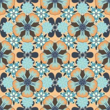 Çiçeksiz desen mavi, sarı ve bej renklerde.